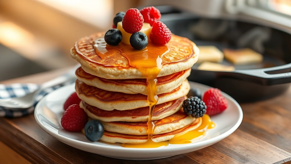 hero: golden-brown hoecakes stacked on a white plate with melting butter and fresh berries, steaming hot, cast-iron skillet blurred in background, natural morning light from window, no text