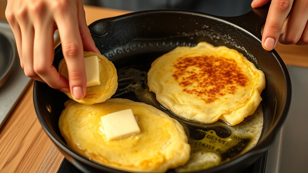 process: hands flipping a hoecake in a seasoned cast-iron skillet with sizzling butter, golden batter visible, warm kitchen lighting, close action shot, no text