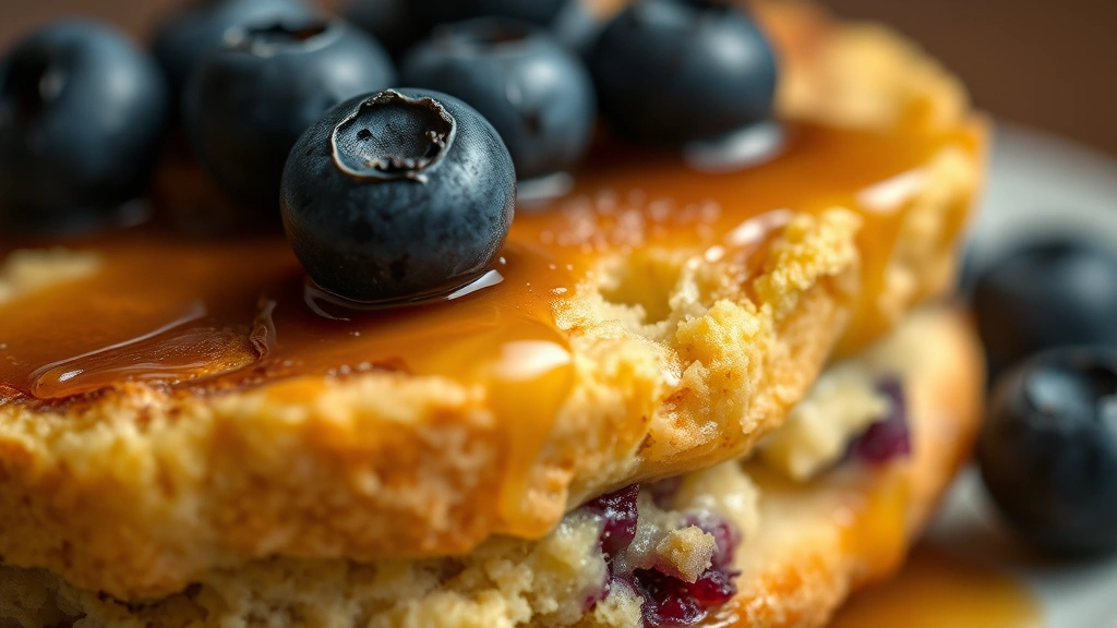 detail: extreme close-up of a single hoecake showing crispy textured edges and tender crumbly interior, topped with honey drizzle and fresh blueberries, shallow depth of field, natural soft light, no text