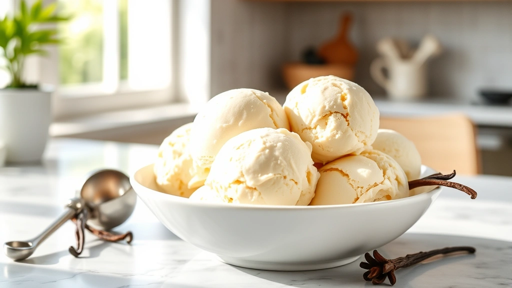 hero: beautiful scoops of vanilla ice cream in a white bowl with fresh vanilla beans on the side, photorealistic, natural soft daylight streaming through a window, styled on a marble countertop with a vintage ice cream scoop, no text