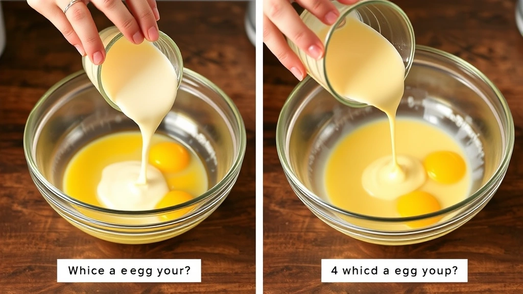 process: hand pouring hot cream mixture into whisked egg yolks in a clear glass bowl, action shot mid-pour, photorealistic, natural kitchen lighting, no text