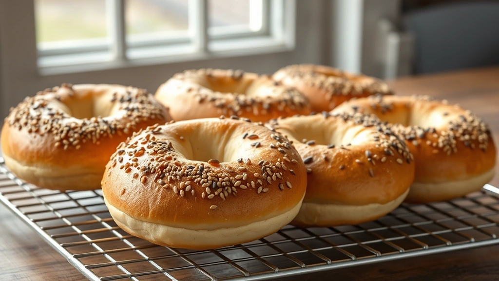 hero: beautiful fresh homemade bagels cooling on wire rack, golden brown with sesame seeds and everything seasoning, steam rising, natural window light, rustic wooden table background, no text