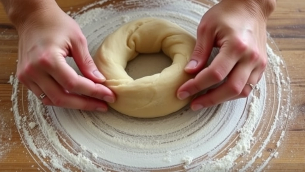 process: hands shaping bagel dough into perfect ring shape, flour-dusted work surface, close-up action shot, natural daylight, no text