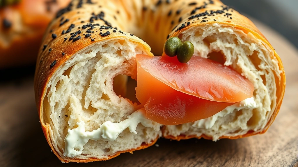 detail: cross-section of sliced bagel showing chewy interior crumb structure and crispy golden exterior, cream cheese spread on one half, fresh lox, capers and red onion garnish, macro photography, no text