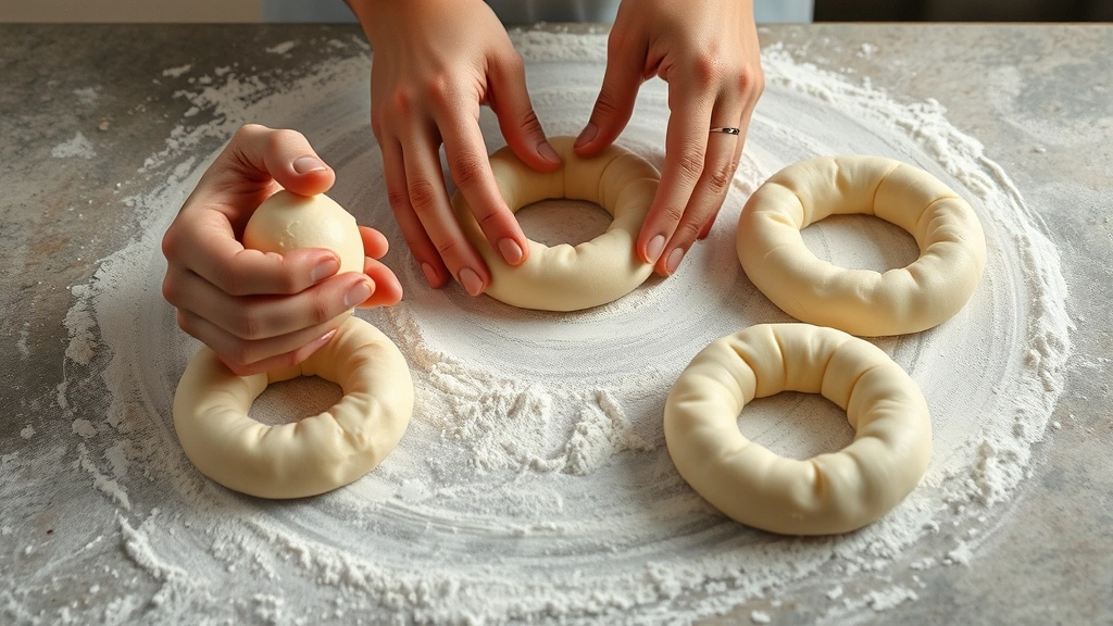 process: hands shaping bagel dough into rings on floured surface, photorealistic, warm kitchen lighting, no text