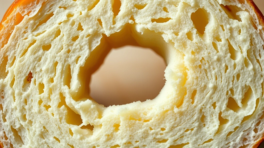 detail: close-up cross-section of freshly sliced bagel showing chewy texture and hole, photorealistic, natural light, no text