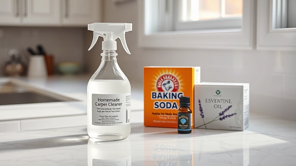 hero: spray bottle of homemade carpet cleaner next to white vinegar bottle, baking soda box, and lavender essential oil on white marble counter, photorealistic, natural window light, no text