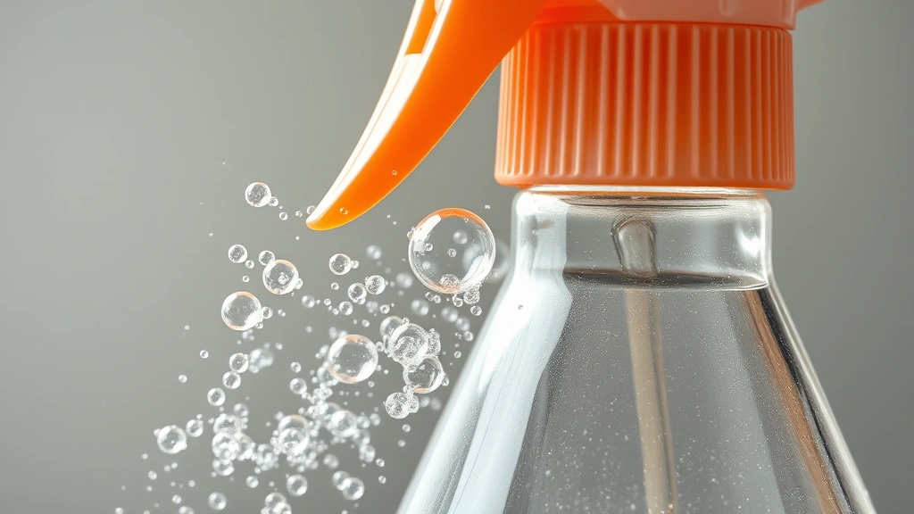 detail: close-up of fizzing baking soda and vinegar reaction in spray bottle, bubbles visible, photorealistic, natural light on clear glass, no text
