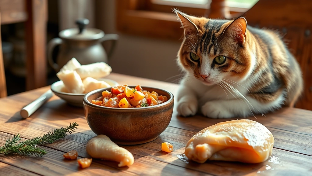 hero: freshly prepared homemade cat food in a ceramic cat bowl on a wooden table with chicken ingredients scattered nearby, photorealistic, natural daylight through window, no text