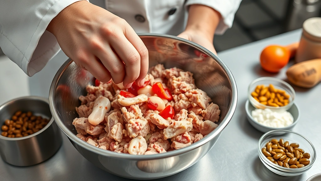process: chef hands mixing cooked ground chicken and organ meats in a stainless steel bowl with supplements nearby, photorealistic, bright kitchen lighting, no text
