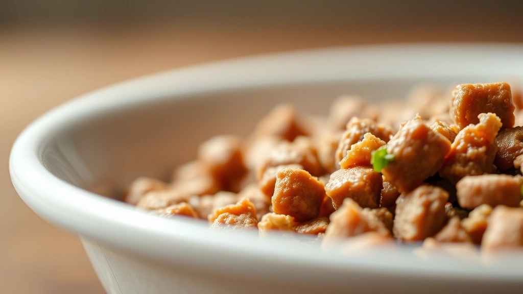 detail: close-up of finished cat food showing texture and meat consistency in a porcelain dish, photorealistic, macro photography with soft natural light, no text