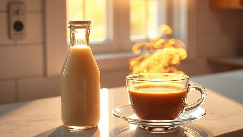 hero: creamy homemade coffee creamer in a vintage glass bottle next to a steaming cup of fresh brewed coffee on a marble countertop, golden morning light streaming through a window, photorealistic, natural light, no text