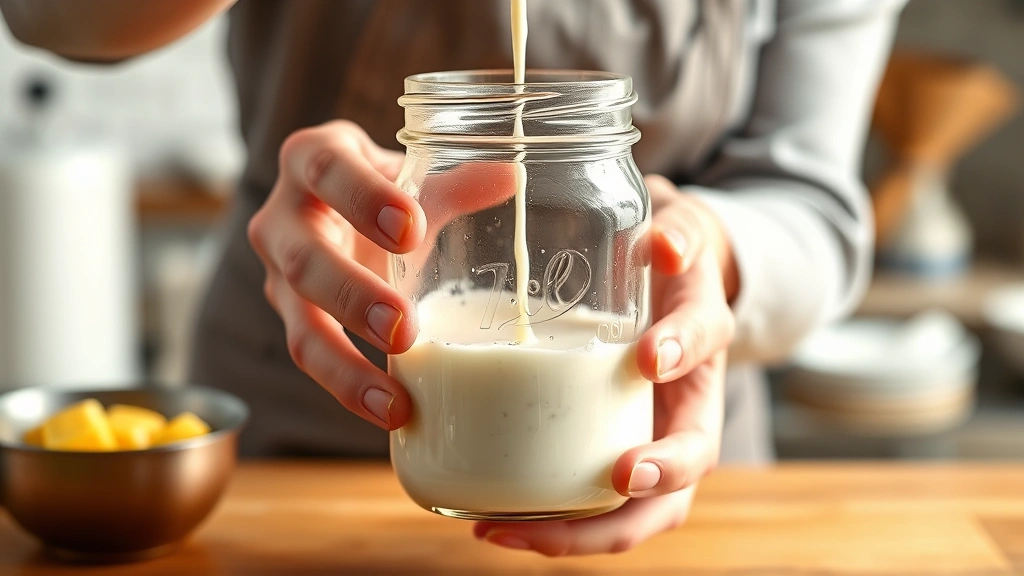 process: hands shaking a glass jar filled with cream and milk mixture, ingredients visible inside the jar, kitchen counter setting, photorealistic, natural light, no text