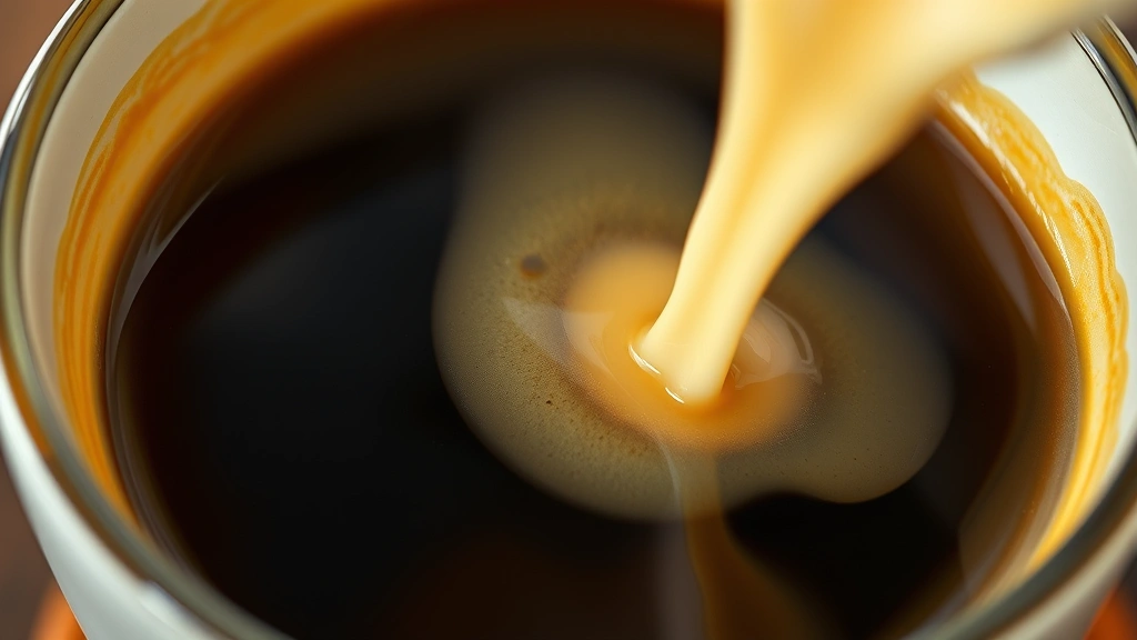 detail: close-up of rich homemade coffee creamer swirling into a dark cup of coffee, showing the luxurious texture and color, photorealistic, natural light, no text