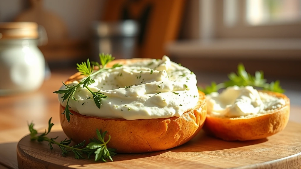 hero: creamy homemade cream cheese spread on a toasted bagel with fresh herbs, photorealistic, natural sunlight streaming through kitchen window, no text