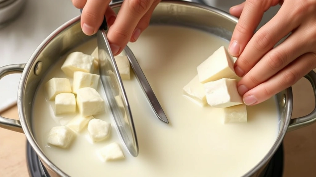 process: hands cutting fresh curds in pot of milk with long knife, photorealistic, bright kitchen lighting, no text