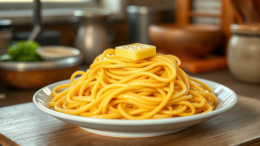hero: fresh homemade egg noodles piled on a white ceramic plate with a pat of melting butter on top, photorealistic, natural daylight from a window, no text, rustic kitchen setting