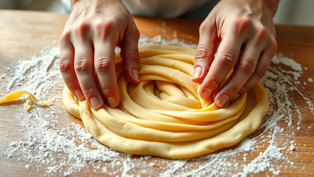 process: hands kneading smooth golden egg noodle dough on a flour-dusted wooden surface, photorealistic, natural window light, no text, close focus on dough texture