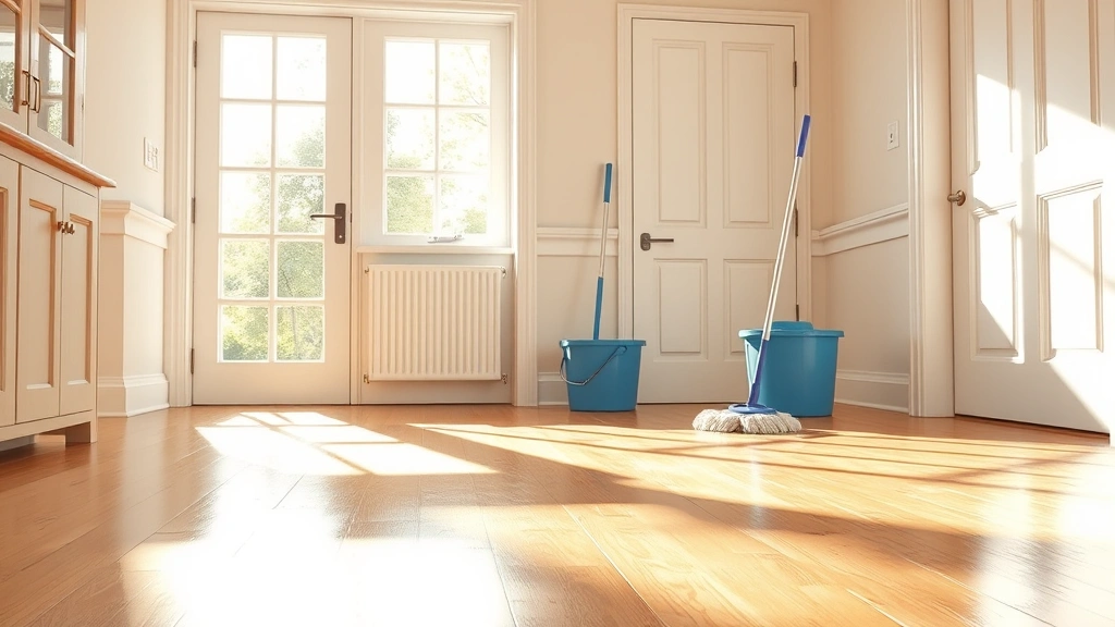hero: sparkling clean hardwood floors with natural sunlight streaming through windows, mop and bucket visible, fresh and clean aesthetic, preppy home style, no text