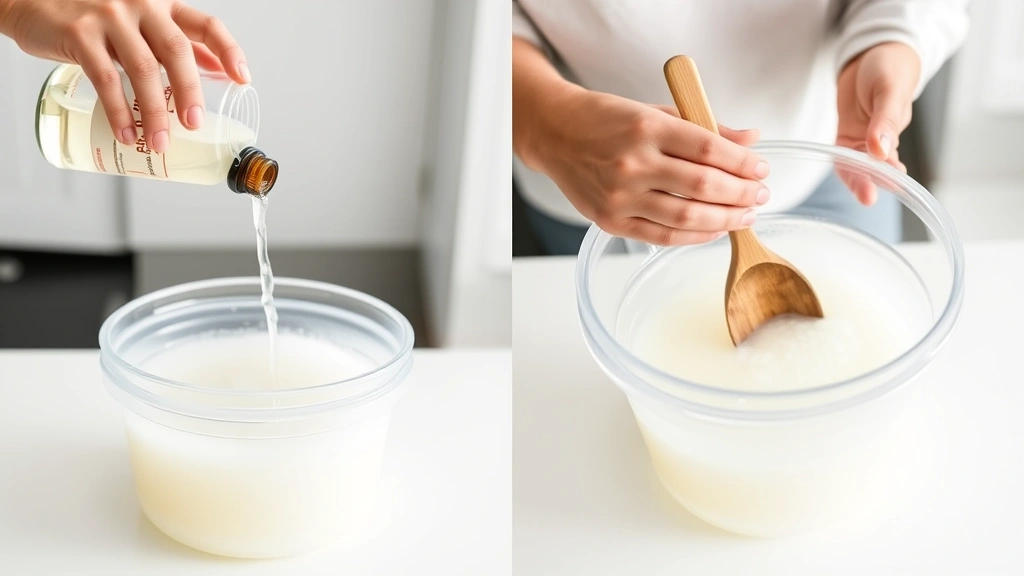 process: pouring white vinegar and essential oils into clear bucket of water, hands mixing ingredients with wooden spoon, bright kitchen counter, no text