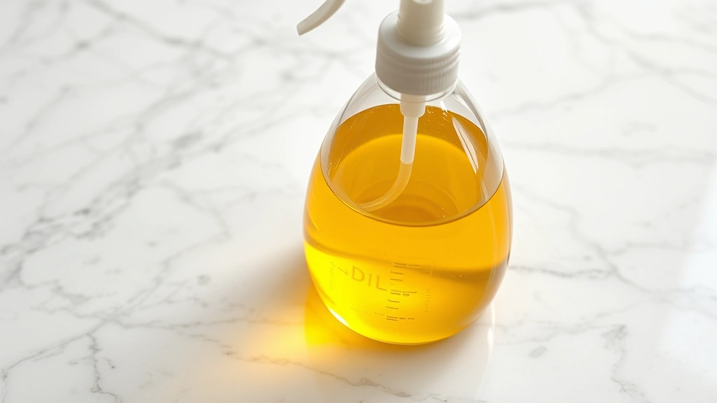 detail: close-up of spray bottle filled with homemade cleaner on marble floor, water droplets and shine visible, fresh and clean, no text