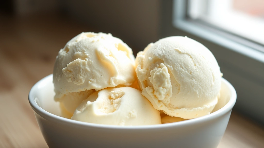 hero: creamy vanilla ice cream scoops in a white bowl with vanilla bean specks, photorealistic, natural window light, soft shadows, no text
