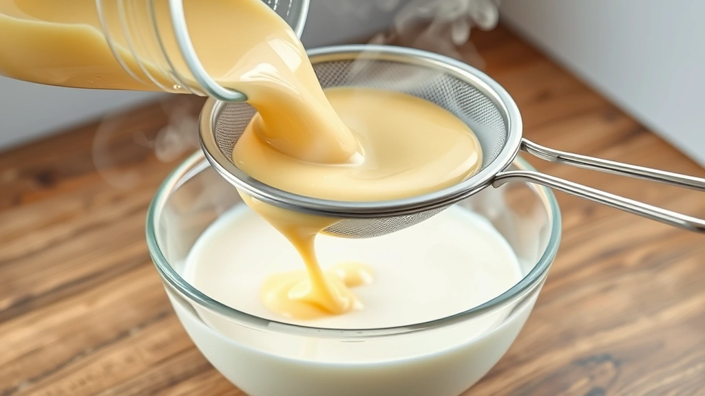 process: pouring hot custard through a fine sieve into a bowl of cold cream, photorealistic, natural light, steam rising, no text