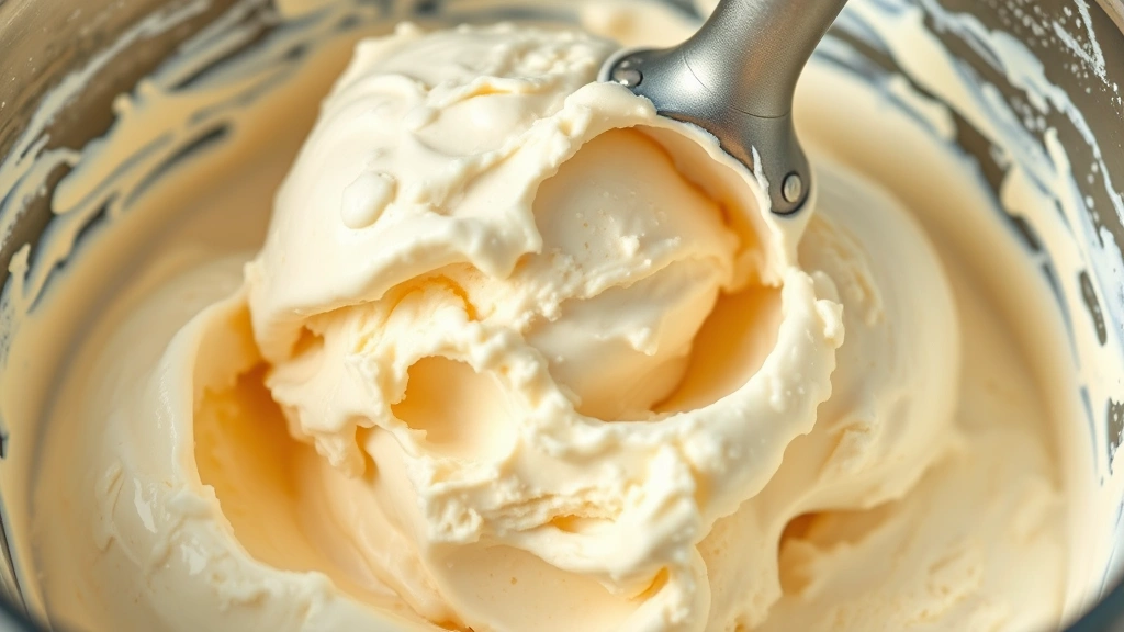detail: close-up of ice cream being churned in ice cream maker, photorealistic, natural light showing creamy texture, no text