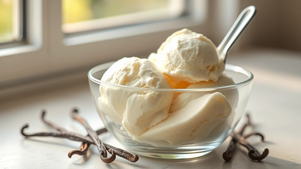hero: creamy vanilla ice cream in a glass bowl with fresh vanilla beans and a scoop, photorealistic, warm natural light streaming through window, no text