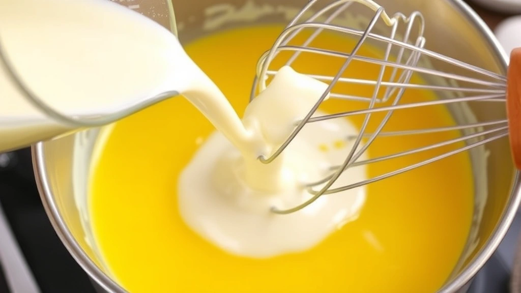 process: pouring hot cream into egg yolks while whisking vigorously, custard base in progress, photorealistic, bright kitchen lighting, no text
