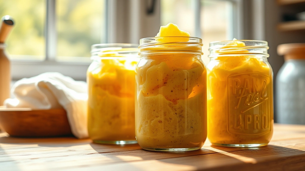 hero: homemade laundry soap in glass jars, golden thick paste texture, natural sunlight streaming through kitchen window, wooden surface, photorealistic, no text