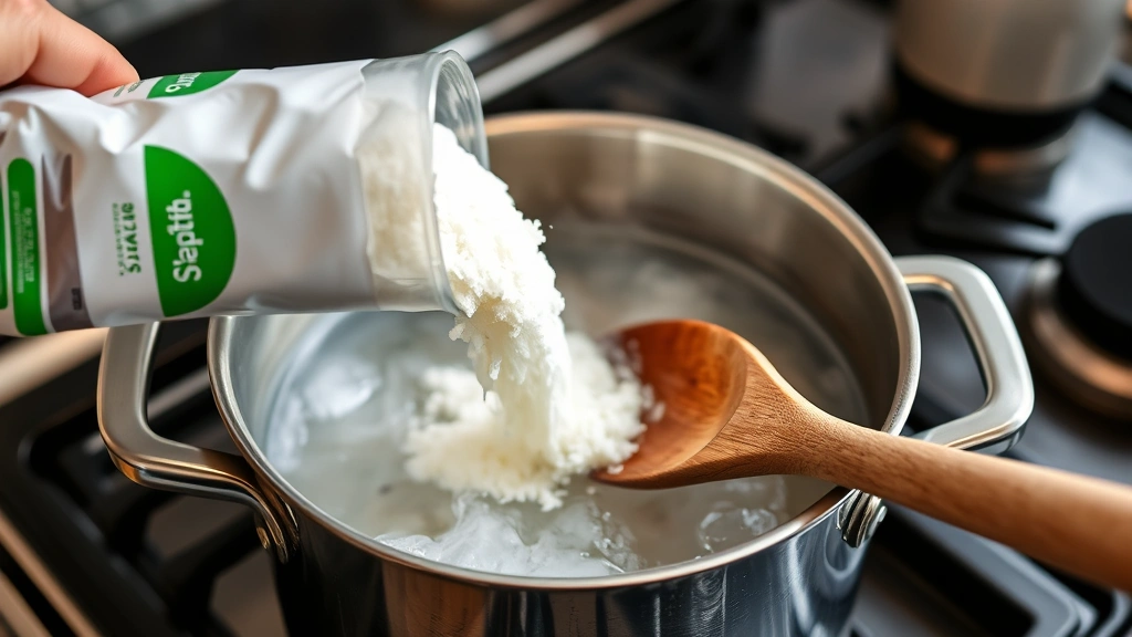 process: pouring grated Fels-Naptha soap into steaming pot of water on stovetop, wooden spoon stirring, close-up action shot, natural kitchen lighting, photorealistic, no text