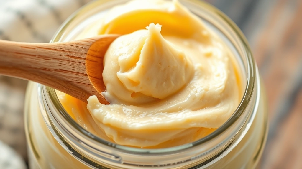 detail: creamy golden laundry soap paste texture close-up, glass jar with wooden spoon, natural light highlighting product texture, photorealistic, no text