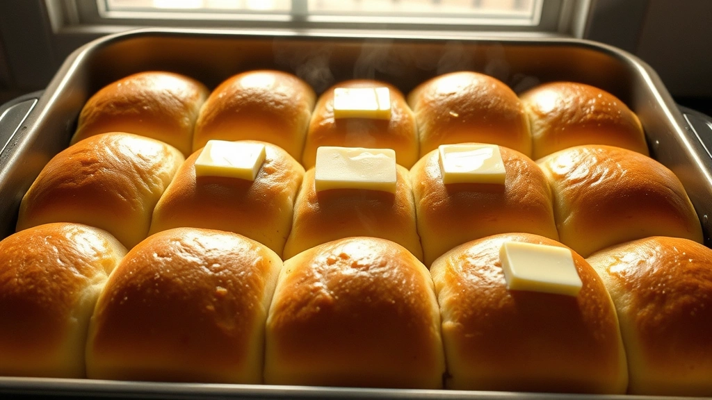 hero: dozen golden-brown homemade yeast rolls fresh from oven in 9x13 baking pan, melting butter on top, photorealistic, warm natural sunlight from window, no text, close enough to see steam rising