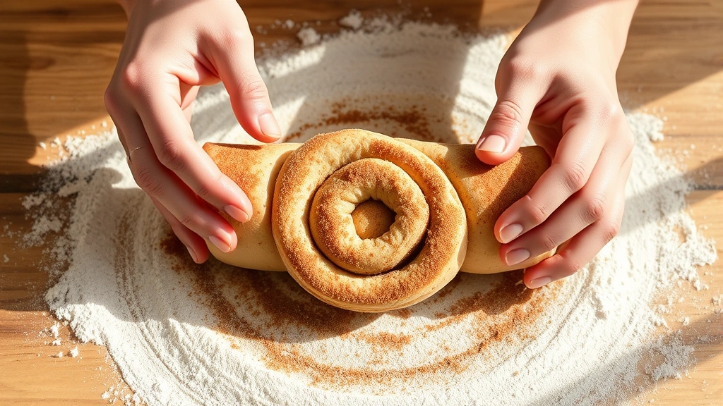process: hands rolling cinnamon-sugar dough into a log, flour dusted surface, showing the spiral of filling, natural daylight streaming across wooden table