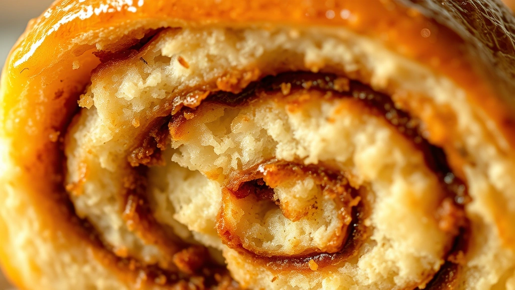 detail: close-up cross-section of a honey bun showing the tender crumb and cinnamon-sugar swirl, honey glaze glistening, warm natural light highlighting the layers and texture