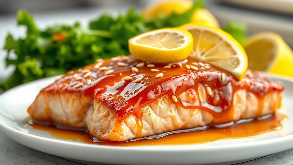 hero: perfectly cooked honey glazed salmon fillet with caramelized glaze on top, garnished with sesame seeds and fresh lemon slices, served on white plate with blurred green vegetables in background, photorealistic, natural window lighting, no text