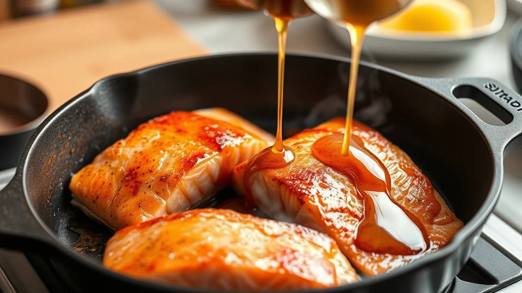 process: salmon fillets searing skin-side down in cast iron skillet with golden brown skin, honey glaze being drizzled over top, steam rising, photorealistic, natural kitchen lighting, no text