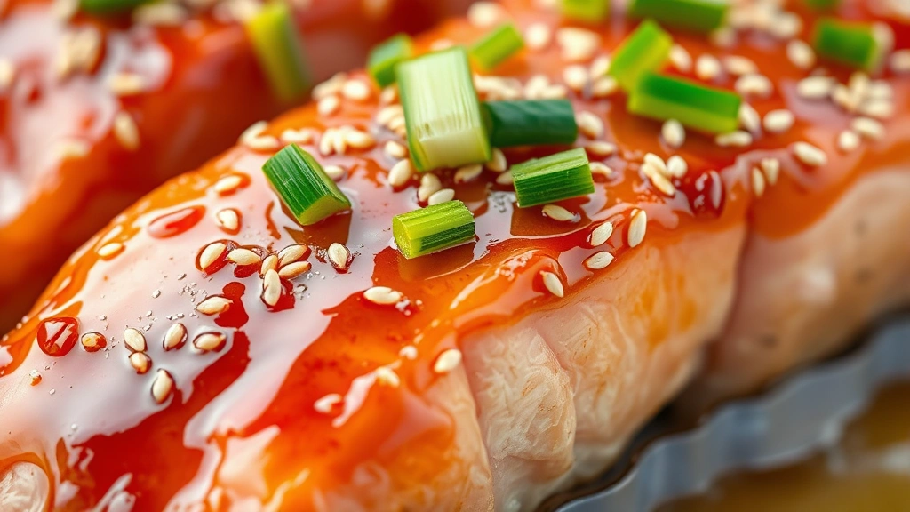detail: close-up of honey glazed salmon showing caramelized glaze texture, flaky salmon flesh, sesame seed garnish and fresh chive garnish on top, photorealistic, natural soft lighting, no text