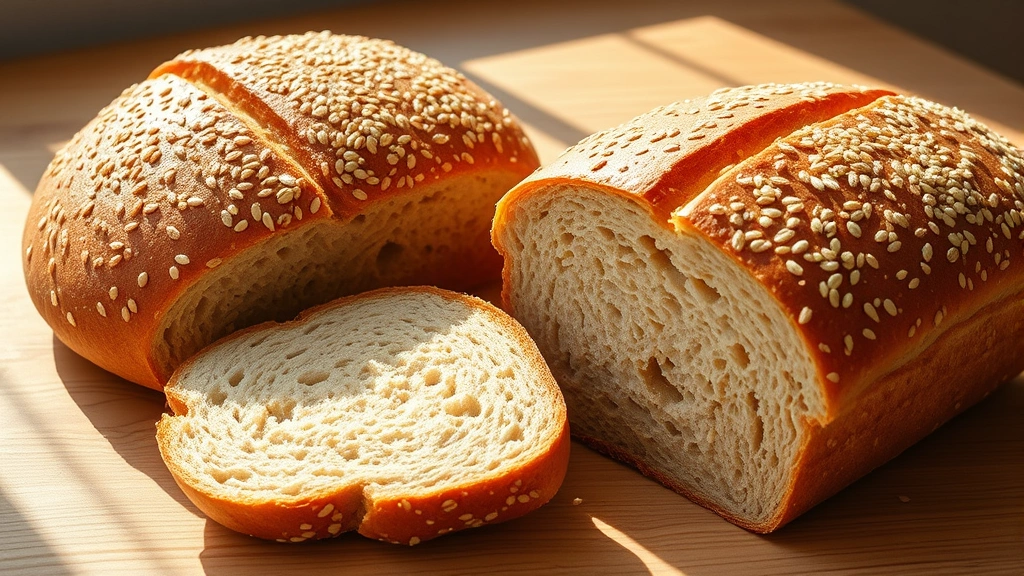 hero: two rustic honey grain bread loaves with golden-brown crust, sesame seeds and oats on top, sliced to show soft interior crumb, photographed on wooden surface with morning sunlight streaming across, no text