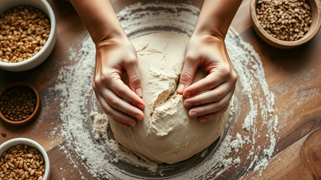 process: hands kneading whole grain dough on floured surface, with bowls of seeds and grains visible nearby, natural warm kitchen lighting, no text