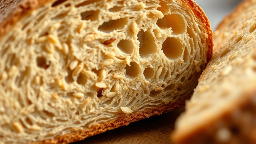 detail: close-up cross-section of sliced honey grain bread showing texture with visible grains and seeds, golden interior crumb, shallow depth of field, no text