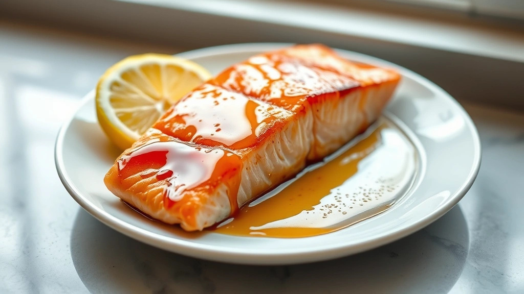 hero: perfectly cooked honey glazed salmon fillet on white plate with lemon garnish, glossy amber glaze catching light, photorealistic, natural daylight from window, no text