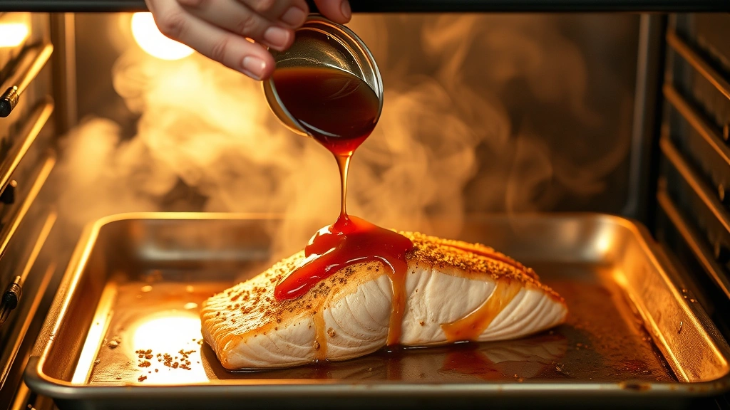 process: chef spooning honey glaze over salmon fillet on baking sheet in oven, steam rising, photorealistic, warm kitchen lighting, no text