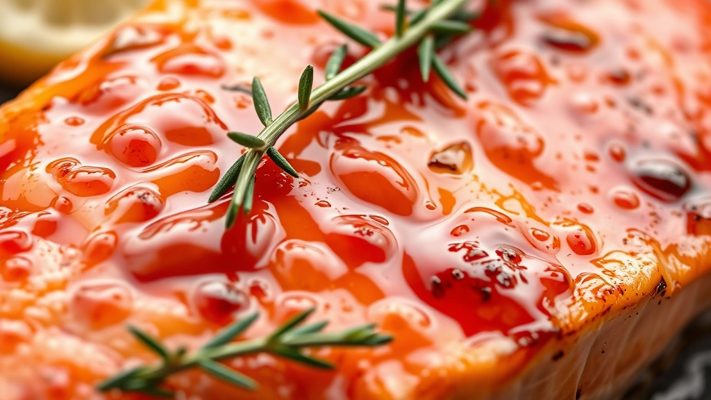 detail: close-up of caramelized honey glaze on salmon showing texture and color, fresh thyme sprig, lemon slice, photorealistic, macro photography, natural light, no text