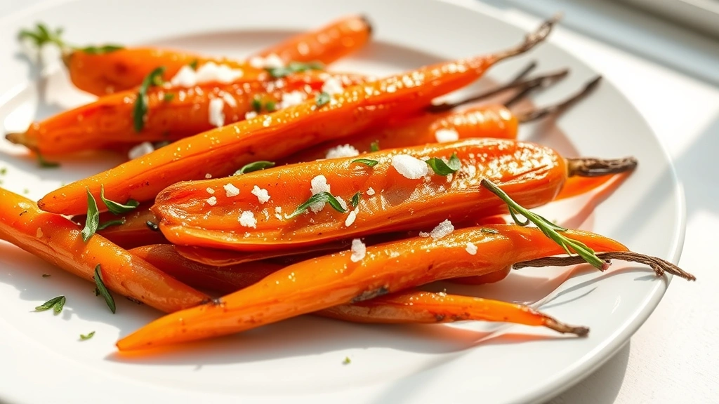 hero: plated honey roasted carrots with fresh herbs and fleur de sel garnish, golden caramelized edges, glossy glaze catching natural light, white ceramic plate, styled for food magazine, photorealistic, natural window light, no text