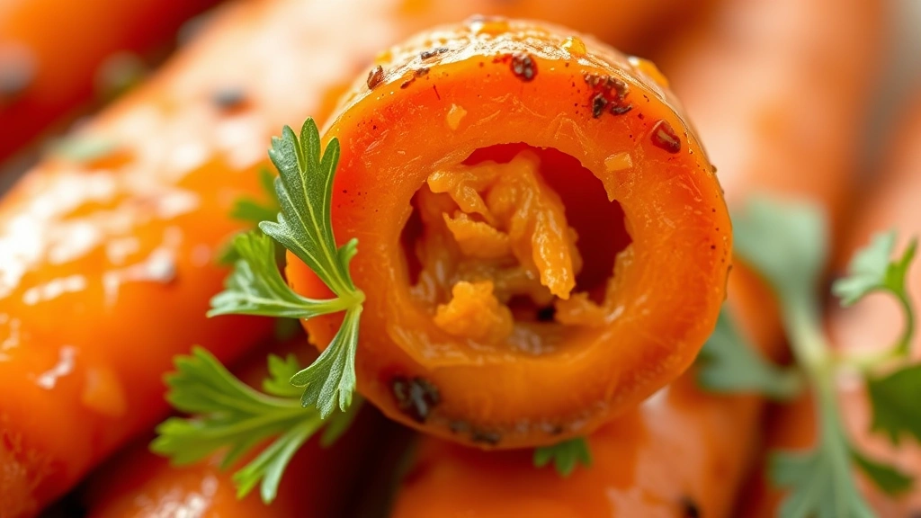 detail: close-up of single honey roasted carrot showing caramelized exterior, glossy glaze coating, tender interior cross-section, fresh parsley garnish, macro photography style, photorealistic, natural light, no text