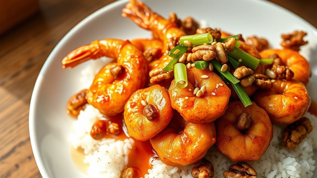 hero: golden crispy honey walnut shrimp on a white plate with glossy amber sauce and toasted walnuts, garnished with sesame seeds and green onions, served over jasmine rice, photorealistic, natural window light, top-down angle, no text