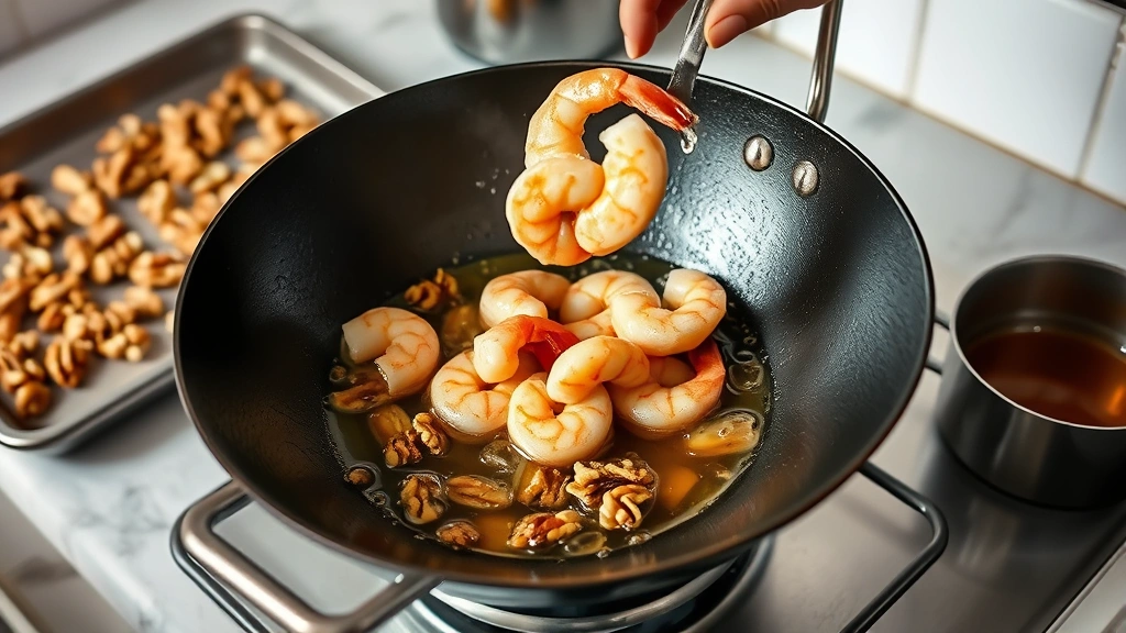 process: shrimp being dropped into bubbling golden oil in a wok, walnut halves toasting on a baking sheet in background, honey sauce simmering in a small pot, photorealistic, natural kitchen light, action shot, no text
