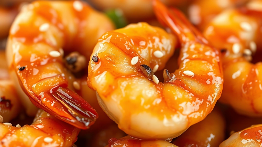 detail: close-up macro shot of individual honey walnut shrimp showing crispy golden coating, glossy honey glaze, toasted walnut half, and sesame seed garnish, photorealistic, natural light, shallow depth of field, no text